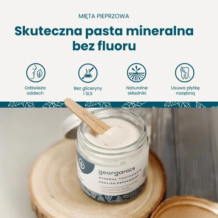 Georganics, Mineralna pasta do zębów w słoiku, bez fluoru, do codziennej pielęgnacji, smak mięty pieprzowej, 60 ml