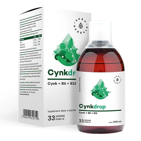 Aura Herbals − Cynkdrop, cynk z witaminami B6 i B12 w płynie − 500 ml