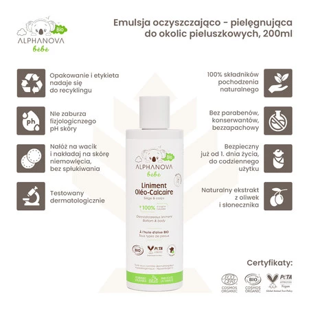 Alphanova Bebe Bio, Emulsja oczyszczająca z kompleksem pielęgnacyjnym do okolic pieluszkowych, 200ml