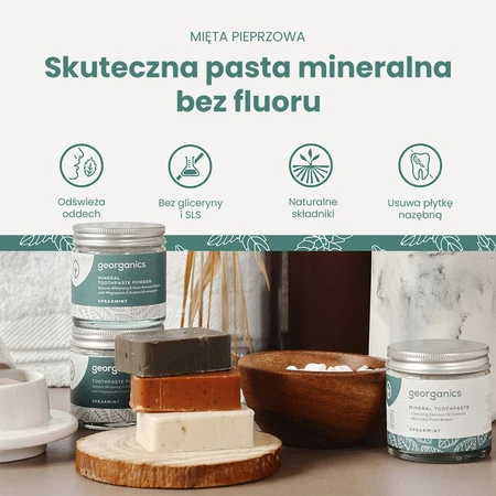 Georganics, Mineralna pasta do zębów w słoiku, bez fluoru, do codziennej pielęgnacji, smak zielonej mięty, 60 ml