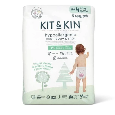 Kit and Kin, Biodegradowalne Pieluchomajtki Nappy Pants 4 (9-15kg), Hippo/Leopard, 22 szt.