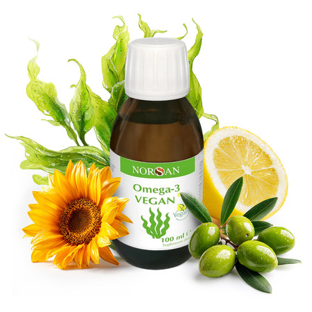 Zestaw Norsan: 1x kwasy Omega-3 z olejem z alg roślinnych 100 ml smak cytryna Vegan i 1x Omega-3 Fisk dla dzieci 150 ml smak pomarańcza