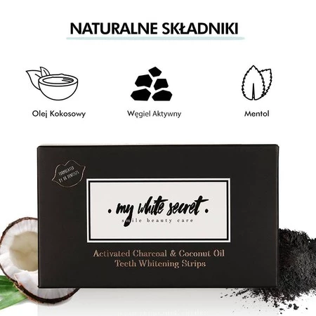 My White Secret, Paski wybielające do zębów z olejkiem kokosowym i aktywnym węglem, CHARCOAL, 14zestawów