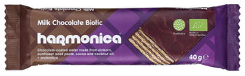 WAFELEK Z KREMEM MLECZNO - KAKAOWYM W POLEWIE Z MLECZNEJ CZEKOLADY Z PROBIOTYKAMI BIO 40 g - HARMONICA