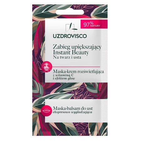 Zestaw 2x Uzdrovisco Instant Beauty zabieg upiększający na twarz i usta maska-krem rozświetlająca z wit. C + maska-balsam do ust 8ml