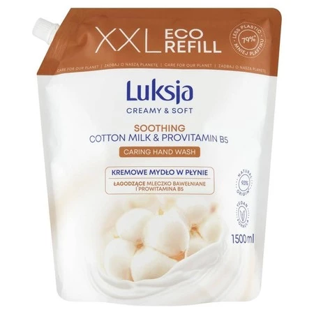 Luksja Creamy & Soft Łagodzące Kremowe Mydło w płynie Mleczko Bawełniane i Prowitamina B5 1500ml - zapas