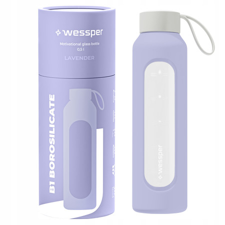Wessper Butelka na wodę szklana motywacyjna z miarką BOROSILICATE lawendowa 500 ml