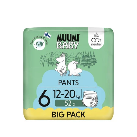 Muumi Baby, Pieluchomajtki ekologiczne dla dzieci, rozmiar 6 (12-20 kg), 52 szt.