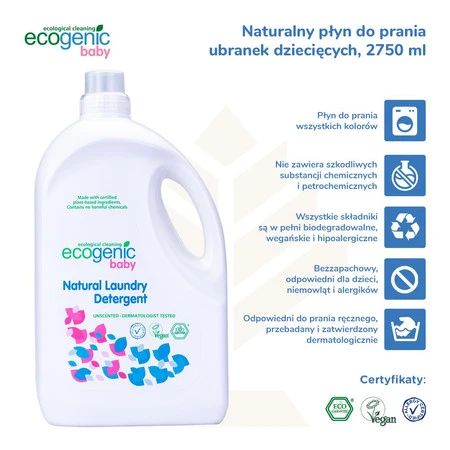 Ecogenic Baby, Hipoalergiczny płyn do prania ubranek dziecięcych, bezzapachowy, 2750 ml