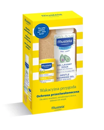 Mustela Zestaw Wakacyjna przygoda (Sztyft p/słoneczny 9ml + Delikatny żel 100ml)