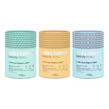 Zestaw: 1x Colladrop Beauty, kolagen HMG™ 10000 mg  Ananas 30 sasz., 1x Colladrop Beauty, kolagen HMG™ 10000 mg Mango 30 sasz. i 1x Colladrop Beauty, kolagen HMG™ 10000 mg Mojito 30 sasz.