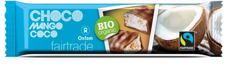 Oxfam Baton z nadzieniem kokos-mango w polewie z mlecznej czekolady fair trade BIO − 33 g