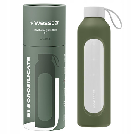 Wessper Butelka motywacyjna szklana z silikonem BOROSILICATE oliwkowa 1000 ml