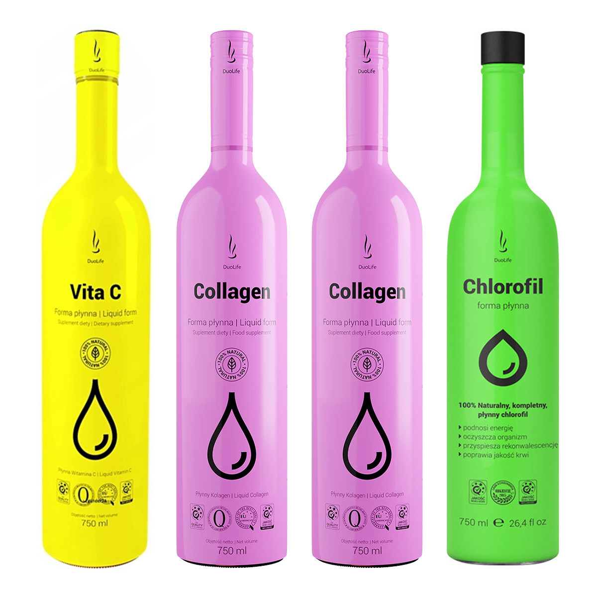 Zestaw mix DuoLife: 2x Kolagen w płynie 750 ml, 1x Witamina C w płynie 750 ml oraz 1x Chlorofil w płynie 750ml - Nabea.pl