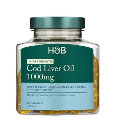 Holland & Barrett High Strength Cod Liver Oil Omega-3 kwasy EPA i DHA 1000 mg - 60 kaps.