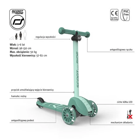 SCOOTANDRIDE Highwaykick 3S Hulajnoga z systemem sterowania 2w1 i kółkami LED składana 3+ Forest