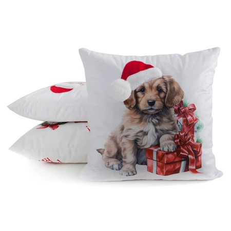 Poszewka świąteczna 45x45 cm – welwetowa ze świątecznym nadrukiem psa