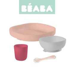 Beaba, Komplet naczyń z silikonu z przyssawką, pink