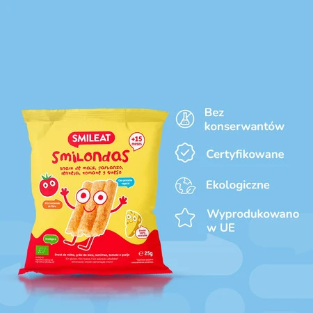Smileat, BIO Smilondas, Chrupki z ciecierzycy, kukurydzy i soczewicy, pomidorowo-serowe 15m+, 25 g