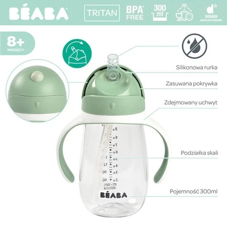 Beaba Bidon niekapek ze słomką tritanowy 300 ml Sage green