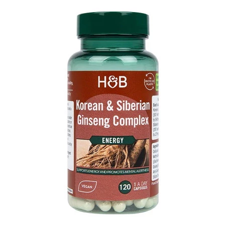 Holland & Barrett Korean & Siberian Ginseng Complex żeń-szeń koreański i syberyjski na wsparcie energii 120 kaps. vege
