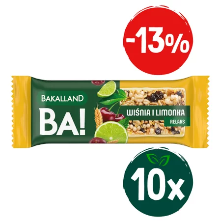 Zestaw: 10x Bakalland BA! Baton zbożowy Wiśnia i limonka - RELAX - 38g