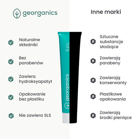 Georganics, Naturalna, remineralizująca pasta do zębów, z hydroksyapatytem i fluorem, do codziennej pielęgnacji i na świeży oddech, smak świeżej mięty, 75 ml