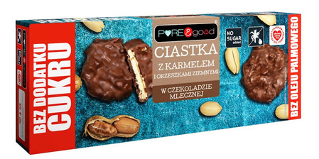 Pure & Good Ciastka z karmelem i z orzechami ziemnymi w czekoladzie mlecznej bez dodatku cukru 128g KRÓTKA DATA 2026-09-19