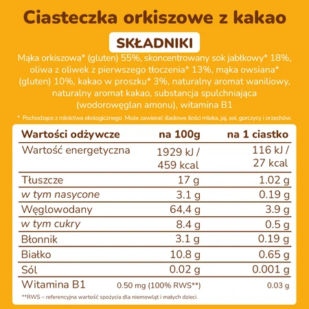 Smileat Bio Herbatniki z orkiszu, kakaowo-jabłkowe 10m+, 220 g
