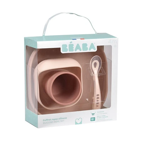 Beaba, Komplet naczyń z silikonu z przyssawką, pink