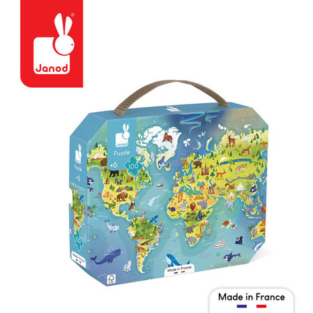 Janod Puzzle w walizce Mapa świata 100 elementów 6+ Made in France