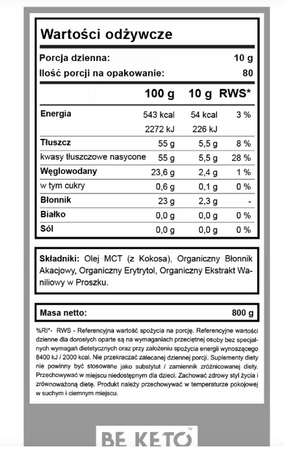 BeKeto Olej MCT w Proszku 800g smak francuska wanilia
