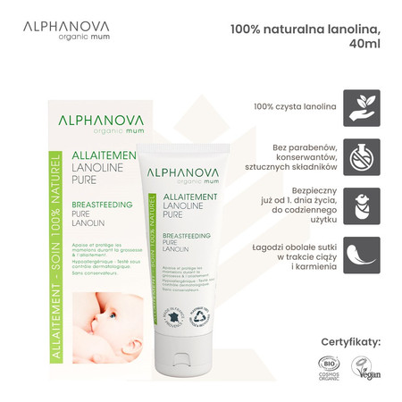 Alphanova Organic Mum, Lanolina na brodawki, 100% naturalna, 40 ml