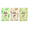Zestaw smaków: 1x True Dates Sour Apple daktyle o smaku kwaśnego jabłka 100g, 1x True Dates Cookie Dough daktyle o smaku ciasteczkowym 100g i 1x True Dates Pistachio Cream daktyle o smaku kremu pistacjowego 100g 