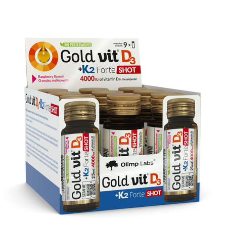Zestaw: 9x Olimp Labs Gold-Vit D3 + K2 Forte Shot amp. szklana 25 ml malina