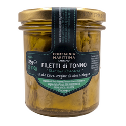 COMPAGNIA MEDITERRANEA TUŃCZYK ŻÓŁTOPŁETWY FILETY W BIO OLIWIE Z OLIWEK EXTRA VIRGIN 315 g (210 g) (SŁOIK)