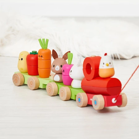 Zestaw drewniane klocki - pociąg z figurkami Farma dla dzieci, 12m+, Janod