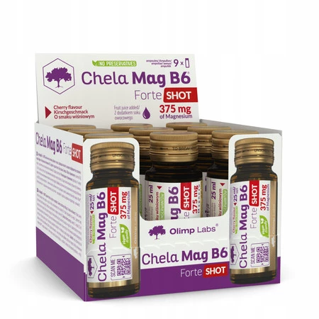 Zestaw: 9x Olimp Labs Chela Mag B6 Forte Shot SOK amp. szklana 25 ml wiśnia