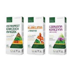 Zestaw: 1x Medica Herbs Ostropest Karczoch Mniszek 60 kaps, 1x 	 Medica Herbs Czerwona Koniczyna Red Clover 60 kaps i 1x Medica Herbs Kurkuma + Piperyna 60 kaps. 