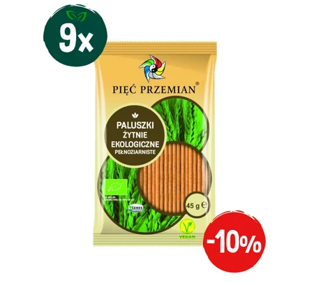 Zestaw: 9x Pięć Przemian − Paluszki żytnie pełnoziarniste Bio − 45 g