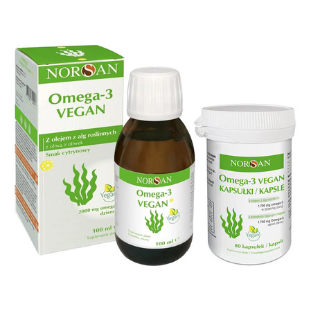 Zestaw Norsan: 1x Omega-3 z olejem z alg roślinnych 100 ml smak cytryna Vegan i 1x Omega-3 roślinny olej z Alg 80 vege kaps.