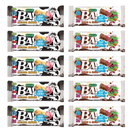 Zestaw mix smaków Bakalland BA! Baton zbożowy: 10szt. Kakao&mleko 25g , 10szt. Krówka 25g