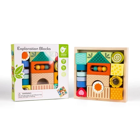 Classic World − Drewniane klocki sensoryczne 8 funkcji, układanka multifunkcyjna kształty dźwięk 18 el.