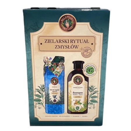 Zielarski Rytuał Zmysłów zestaw szampon Miodowo-Lipowy do każdego rodzaju włosów 350ml + sól do kąpieli Jagoda 700g + opaska do włosów z kokardą 1szt