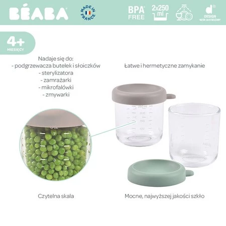 BEABA Zestaw pojemników słoiczków szklanych z zamknięciem 2 x 250 ml Sage green/Gazelle