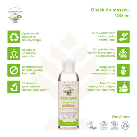 Alphanova Bebe Bio, Delikatny olejek do masażu, do skóry suchej i atopowej, 100 ml