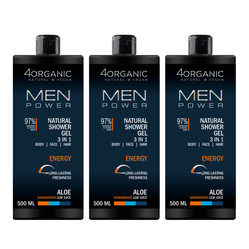 Zestaw: 3x 4Organic Naturalny żel pod prysznic Men Power3w1 Energy  500ml