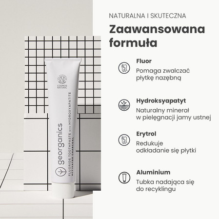Georganics, Naturalna, remineralizująca pasta do zębów z hydroksyapatytem, fluorem i aktywnym węglem, 75 ml