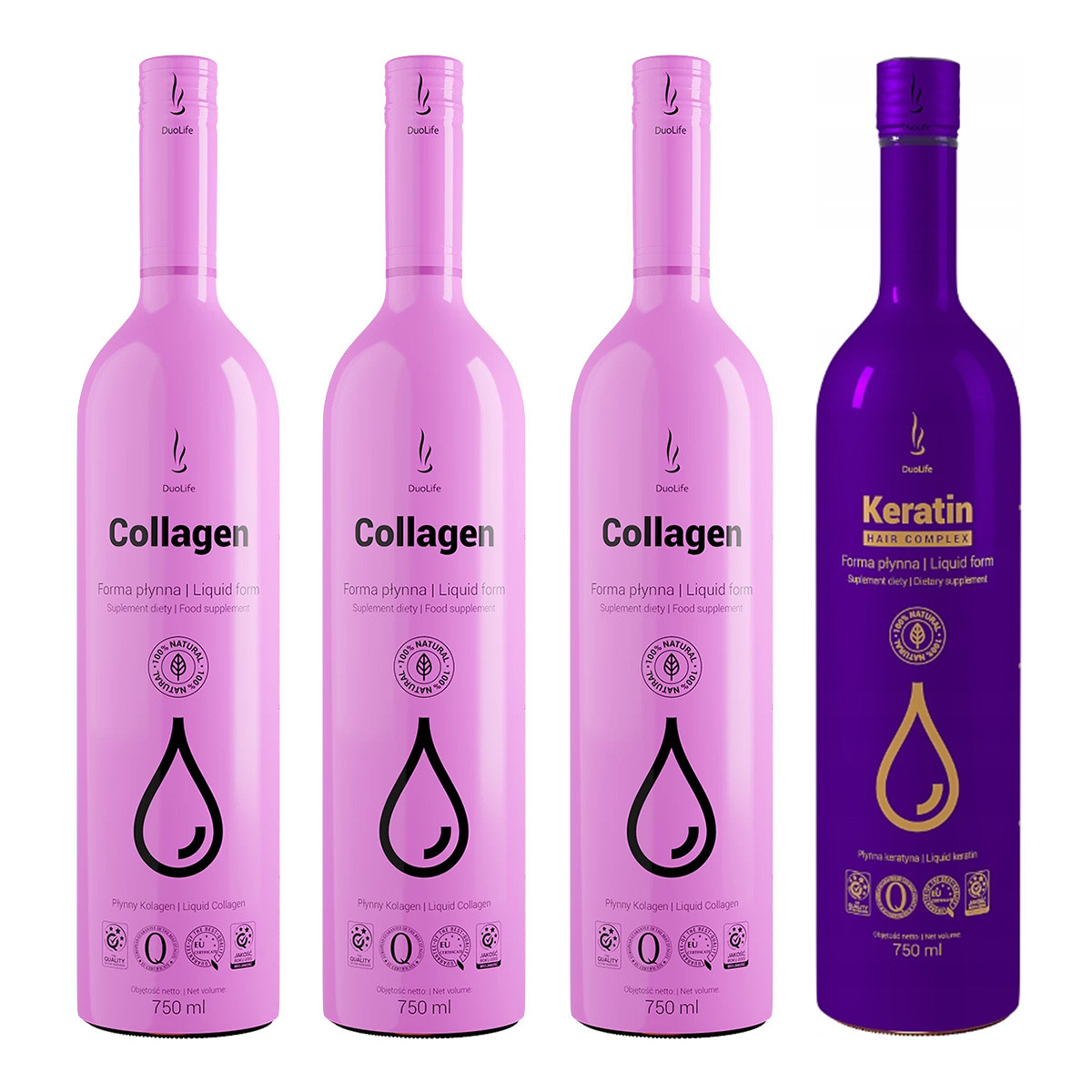 Zestaw mix DuoLife: 3x Kolagen w płynie - 750ml oraz 1x Keratyna w płynie - 750ml - Nabea.pl