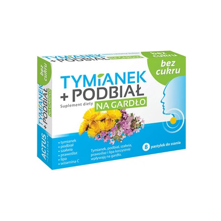 Tymianek i Podbiał bez cukru na ból gardła 8 pastylek